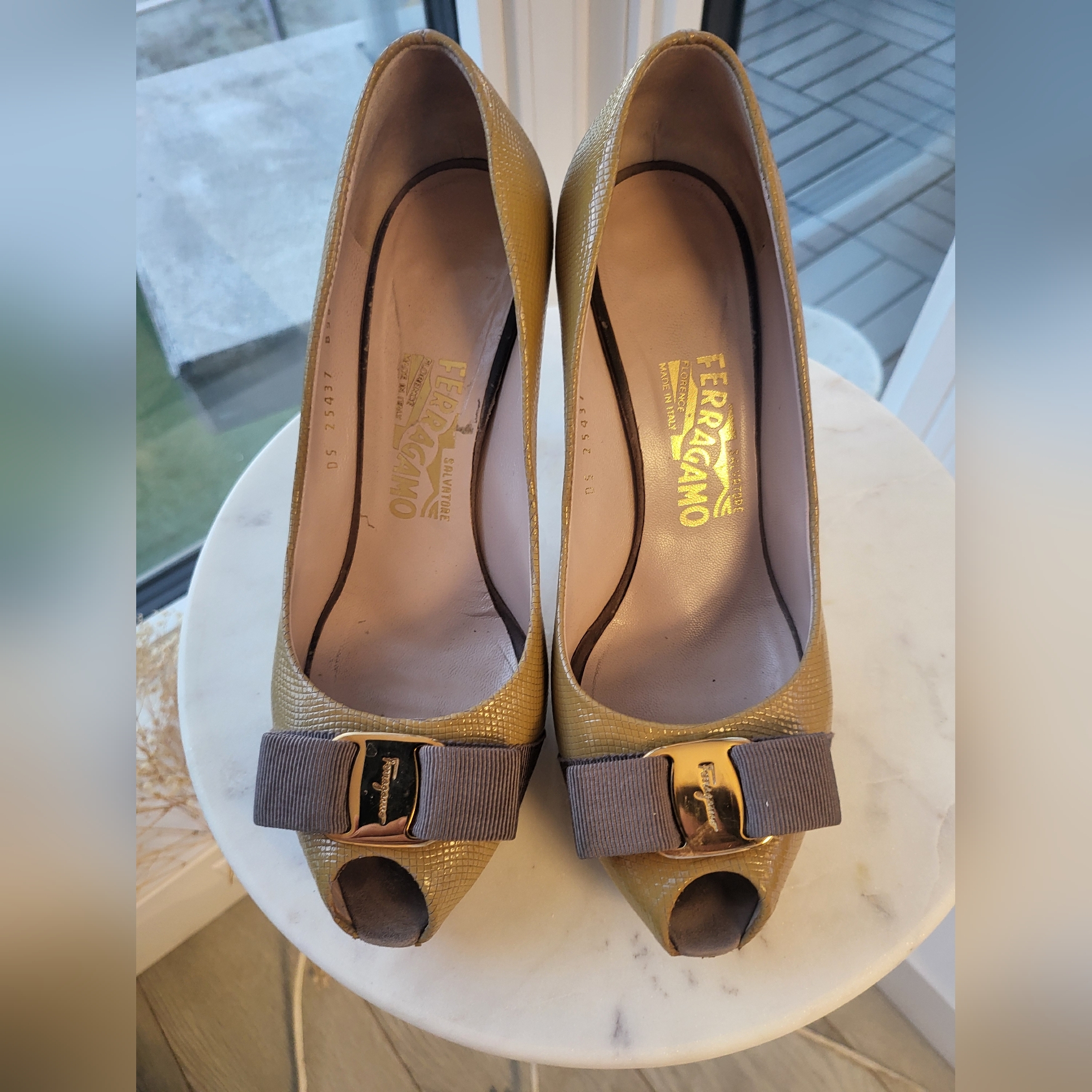 Salvatore Ferragamo Gold Peep-Toe Heels